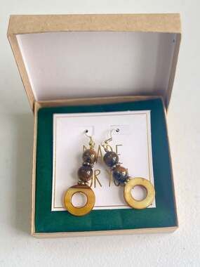 Handmade by Fynn Tiger's Eye and Shell Hoop Dangle Earrings